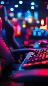 Close up view of a gaming keyboard and chair in a room with blurred lights in the background