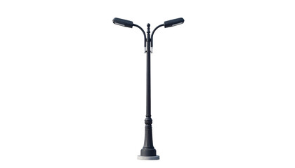 A tall black street lamp with two lights isolated on transparent background
