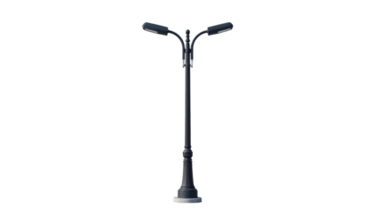A tall black street lamp with two lights isolated on transparent background
