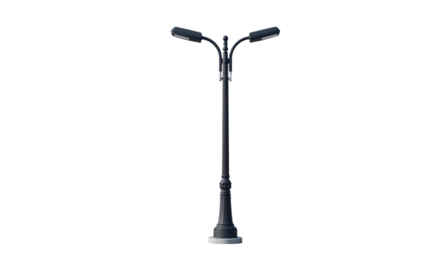 A tall black street lamp with two lights isolated on transparent background