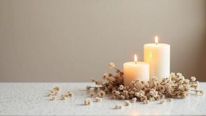 Cozy Minimalist Candle Arrangement with Dried Flowers and Warm Light