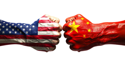 Usa and china flags on fists clashing, symbolizing international relations and conflict isolated on transparent background