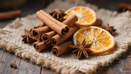 A pile of cinnamon sticks, dried orange slices, and star anise on a rough burlap cloth