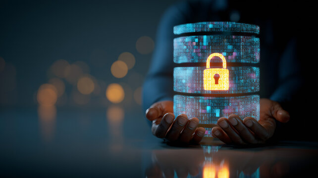 Secured data stack with lock in hands representing encryption, compliance and trustworthy enterprise information protection.
