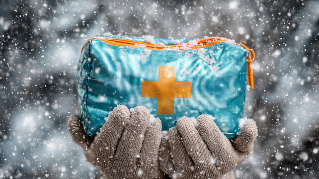 First aid kit in winter conditions communicating preparedness, emergency response and community safety during severe weather.
