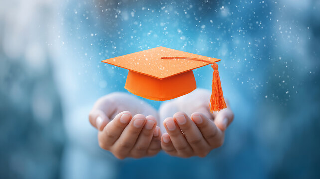 Graduation cap supported by hands to celebrate education achievement, upward mobility and opportunities created through learning.
