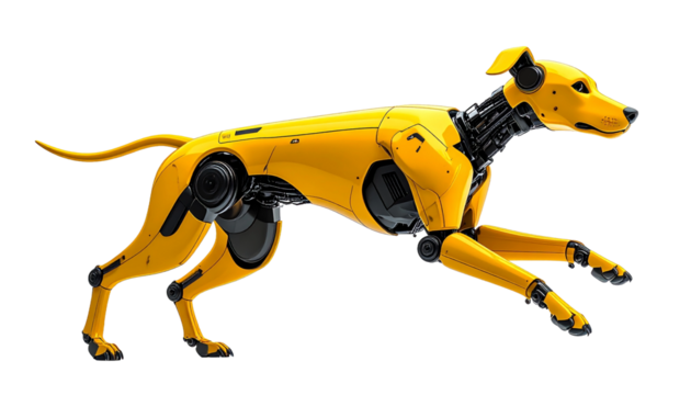 Yellow robotic dog running isolated on transparent background