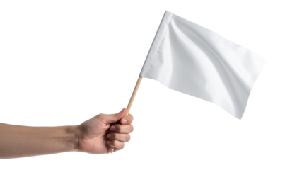 Hand holding a small white flag isolated on transparent background