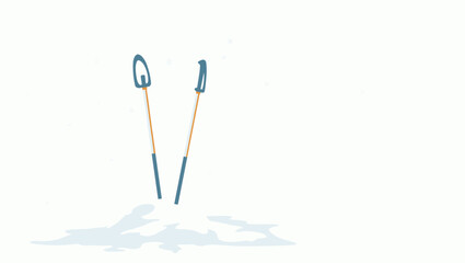 Pair of orange-handled ski poles planted in fresh snow under falling flakes, concept of outdoor adventure