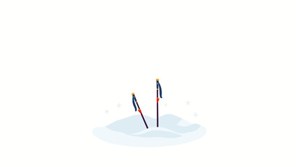 Two ski poles stuck in snowdrift with falling snowflakes on white background, concept of winter journey
