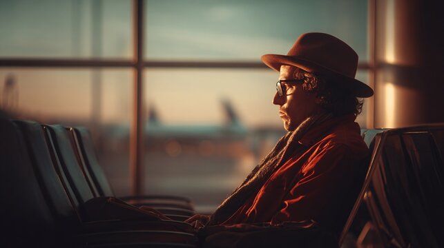 A middle-aged Caucasian man with curly hair and glasses sits alone in an airport terminal. He wears a brown hat and an orange jacket, looking contemplative.