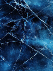 Abstract Blue Cracked Ice Texture, Dark Frozen Surface with Sharp Fracture Lines


