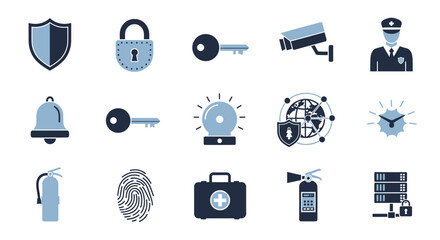 Fototapeta premium Comprehensive security and protection services vector icons on white backdrop