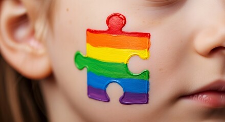 Close up of kid with painted rainbow puzzle piece on cheek for Autism Awareness Day. Support and inclusion for kid with special need.