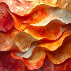 Abstract, layered, undulating shapes in warm shades