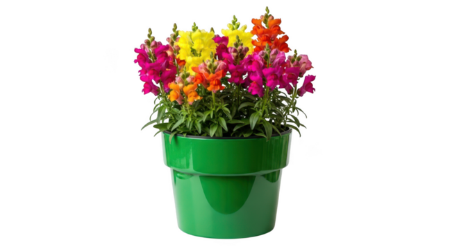 Vibrant bunch of multicolored snapdragons in a glossy green pot isolated on transparent background