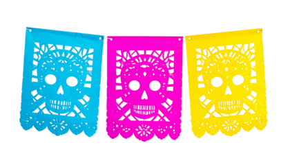 Colorful papel picado banners with skull design isolated on transparent background
