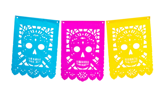 Colorful papel picado banners with skull design isolated on transparent background