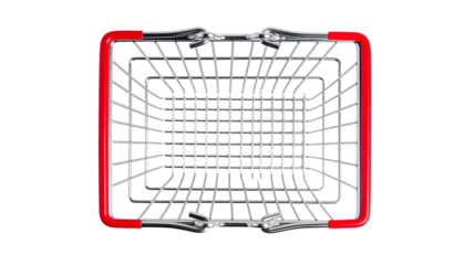 Top view of an empty metal shopping basket with red handles, isolated on transparent background