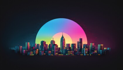 Obraz premium Retro Futuristic Neon Cityscape Synthwave Skyline
