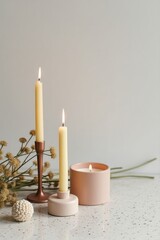 Cozy Minimalist Candle Arrangement with Dried Flowers and Warm Light