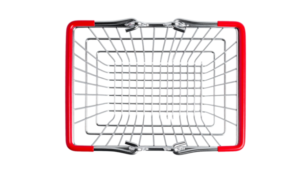 Top view of an empty metal shopping basket with red handles, isolated on transparent background