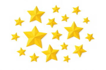Gold stars falling on a transparent background, depicting success, winning, premium quality, customer rating, or celebration