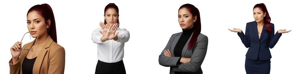  business woman cutout pack, 25, red hair, in thoughtful, defensive, agreement, questioning poses. Ideal for presentations, marketing, web design, corporate communication.