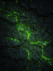 Cracked Dark Stone Texture with Glowing Green Veins, Mysterious Abstract Background

