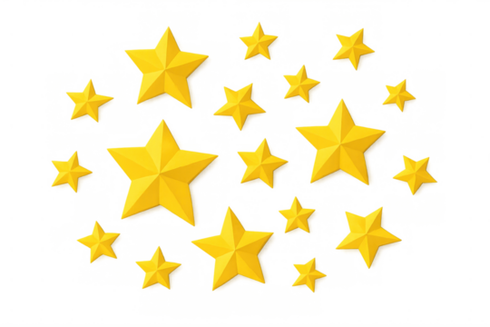 Gold stars falling on a transparent background, depicting success, winning, premium quality, customer rating, or celebration