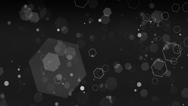 Floating  white Hexagonal Cells on dark black background &ndash; Futuristic geometric zooming out 3D Motion Graphic Alpha Overlay, frame layer slow motion  tech vibes atmospheric effect