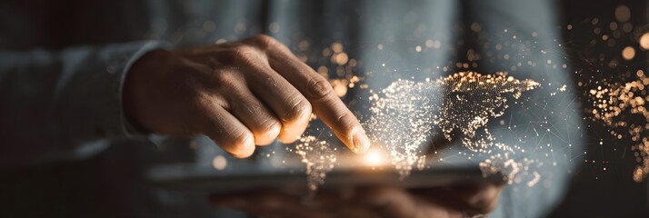 Professional man utilizing a modern digital tablet to establish global internet connectivity enabling online marketing e commerce transactions and business development