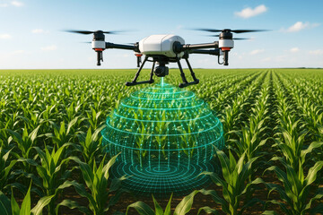 Drone hovering over a vast green cornfield, projecting a glowing green spherical data visualization agriculture