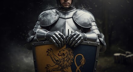 Knight in armor with shield and lion emblem