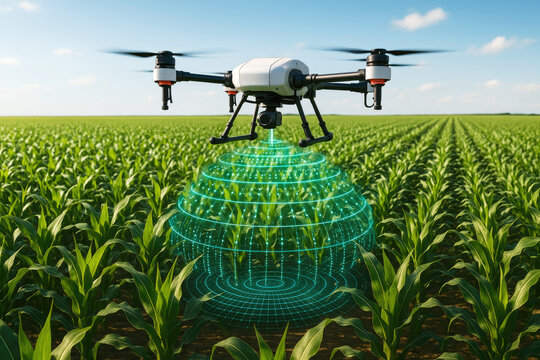 Drone hovering over a vast green cornfield, projecting a glowing green spherical data visualization agriculture
