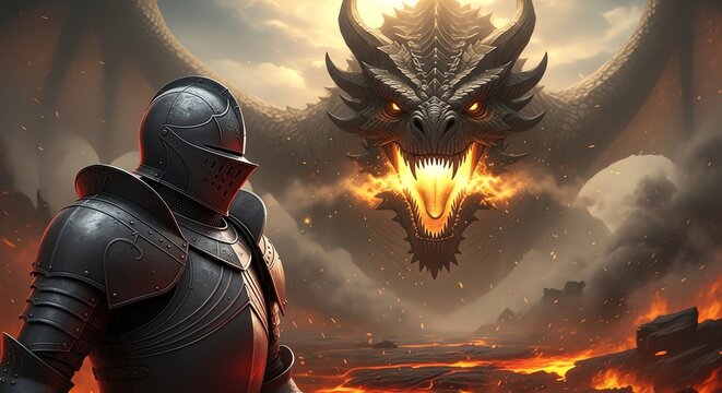 Knight facing dragon with fiery breath