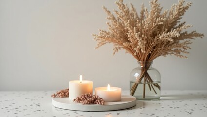 Cozy Minimalist Candle Arrangement with Dried Flowers and Warm Light