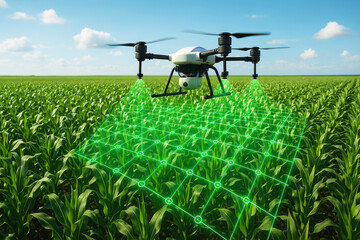 Drone flying low over a green cornfield, emitting a glowing green grid overlay for crop analysis agriculture