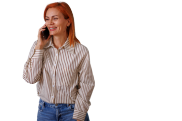 Happy red haired woman smiling, talking on smartphone, communicating, looking away, with transparent background