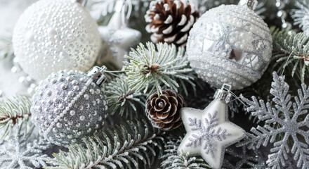 Christmas ornaments covered with artificial snow, pine branches, silver and white color palette, frosty lighting, macro lens style, extremely detailed and realistic textures