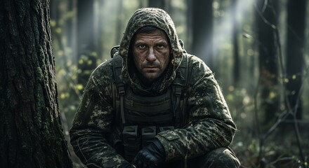 Obraz premium Man in camouflage crouching in forest