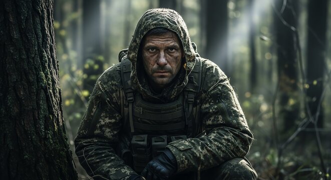 Man in camouflage crouching in forest - Powered by Adobe
