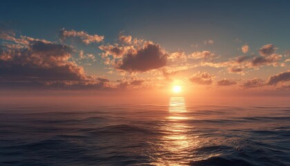 Golden Hour Magic: A Stunning Evening Scene Of Sun, Sky, And Sea With Orange, Blue Light On Horizon In Summer Dusk Sky.