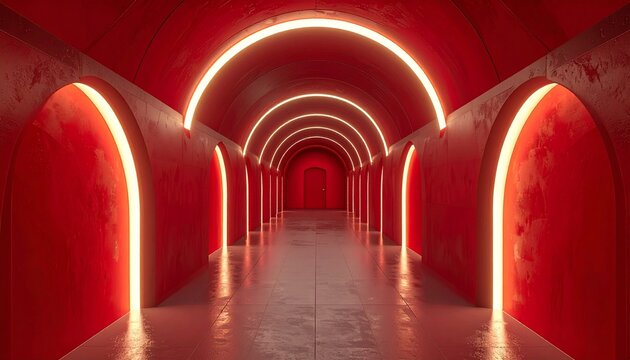 red corridor with columns