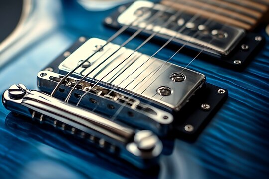 Close up of a blue electric guitar with strings and metal hardware in sharp focus detail view - Powered by Adobe