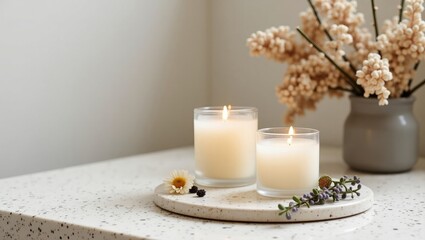 Cozy Minimalist Candle Arrangement with Dried Flowers and Warm Light