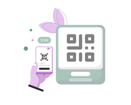 Illustration of a hand holding a smartphone scanning a QR code on a screen, symbolizing digital payment, verification, and modern technology use.