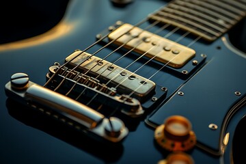 Close up of a blue electric guitar with gold hardware and strings in a dimly lit environment