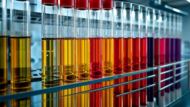 Row of laboratory test tubes filled with colorful chemical liquids in modern scientific research facility under bright sterile lighting