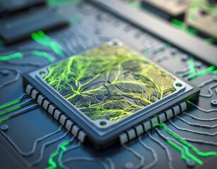 Bio circuit chip with green luminescent veins on metallic surface